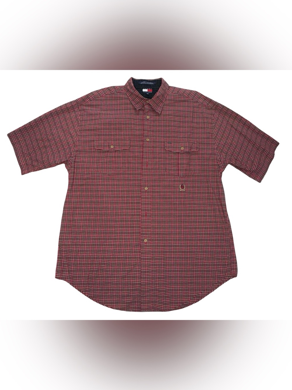 Vintage Tommy Hilfiger Short Sleeve Plaid Button Up Shirt Embroidered Crest Logo